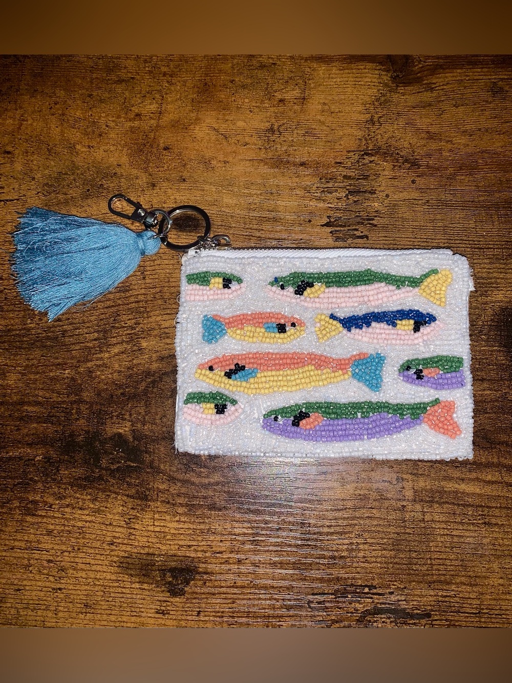 Beaded Fish Coin Pouch with Blue Tassel - White Multicolor